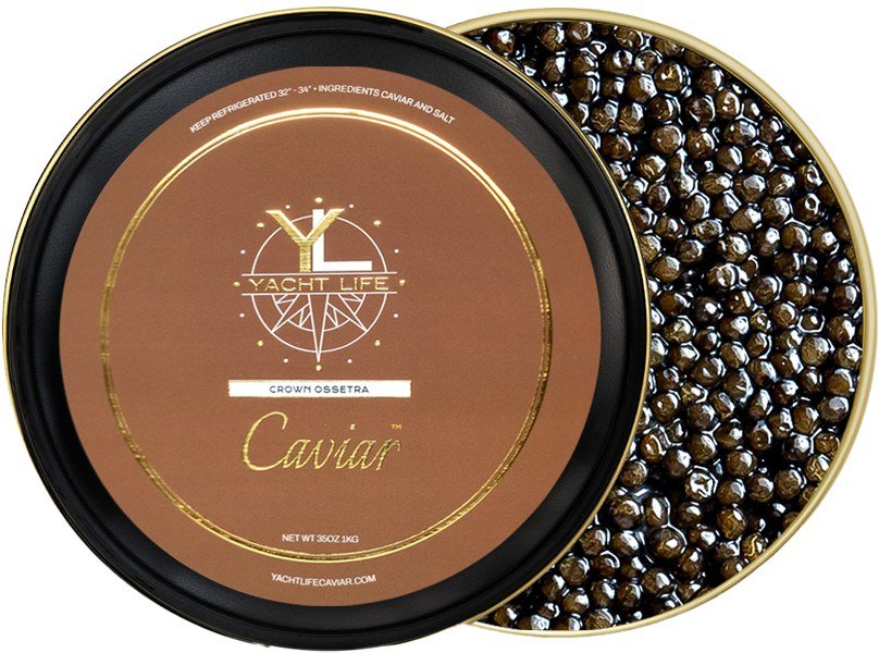 Crown Ossetra caviar tin with Yacht Life Caviar label