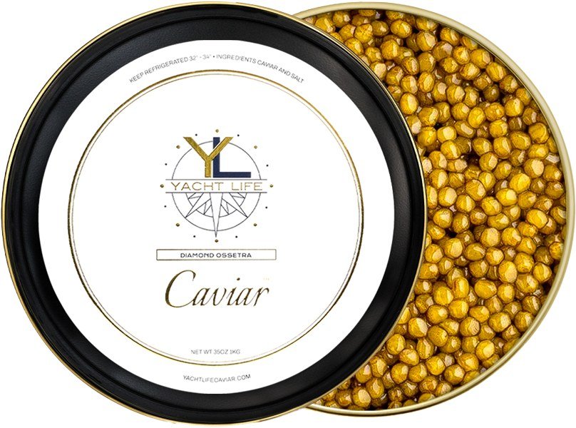 Diamond Ossetra caviar tin with Yacht Life Caviar label