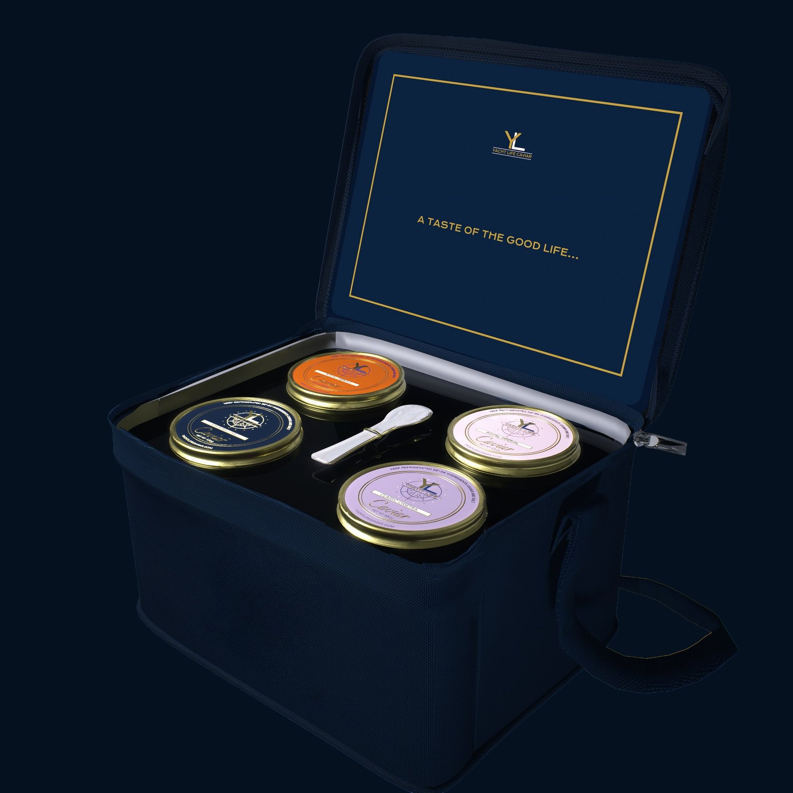 Yacht Life Caviar four-selection gift set with mother-of-pearl spoon in the signature carrier